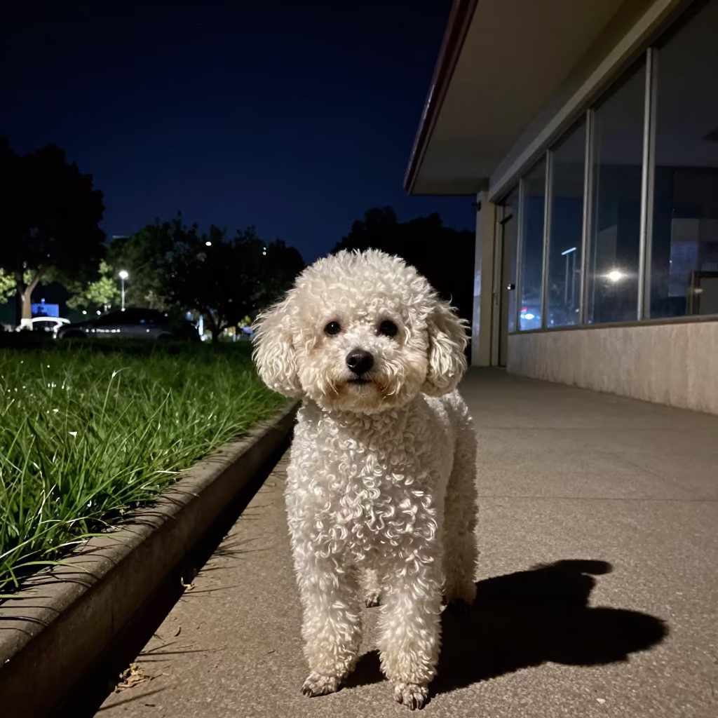 Teacup Poodle Portrait Under Starlight in El Alto in along a quiet park path with soft open shade and a clean background in El Alto, La Paz