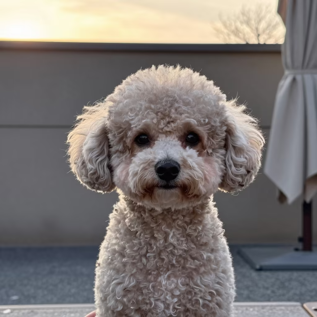 Teacup Poodle Portrait with Defining Coat Texture in beside a plain courtyard wall in clear daylight with the animal at eye level in Okayama