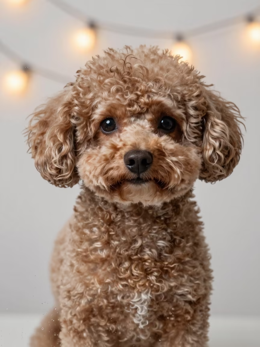 Teacup Poodle Portrait with String Light Glow in in a quiet portrait studio with a plain backdrop and eye-level framing in Victoria