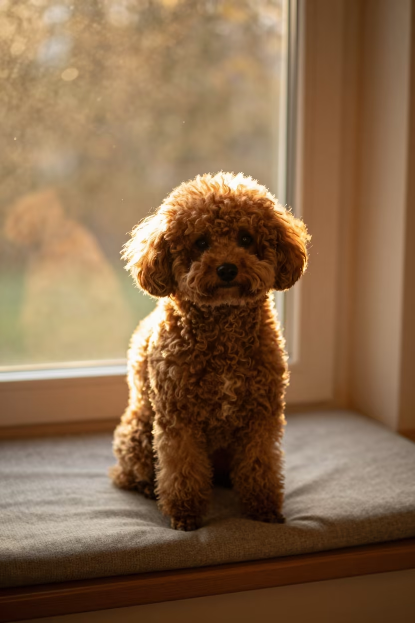 Teacup Poodle Portrait with Warm Window Light in on a cushioned window seat with soft side light and an uncluttered background in Parma