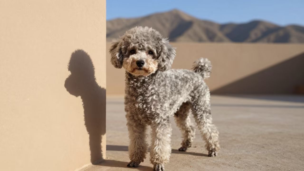Teacup Poodle Portrait Zinder Courtyard Wall in beside a plain courtyard wall in clear daylight with the animal at eye level in Zinder