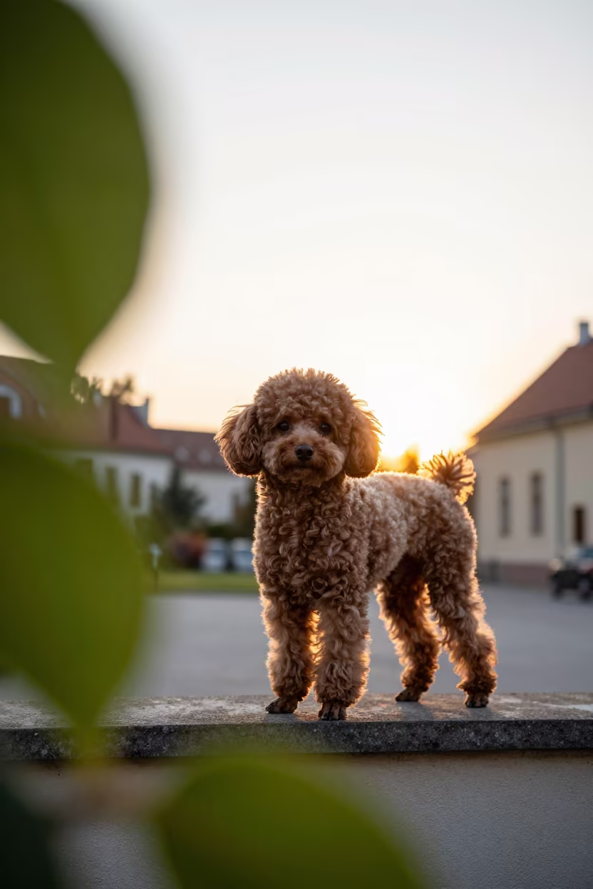 Teacup Poodle Silhouette Against Courtyard Wall in beside a plain courtyard wall in clear daylight with the animal at eye level near Gliwice