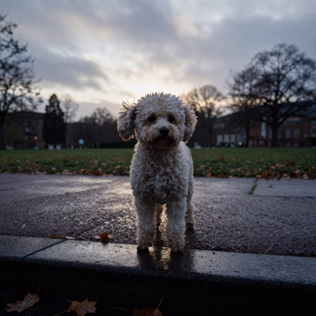 Teacup Poodle Silhouette on Toulouse Path in along a quiet park path with soft open shade and a clean background in Toulouse