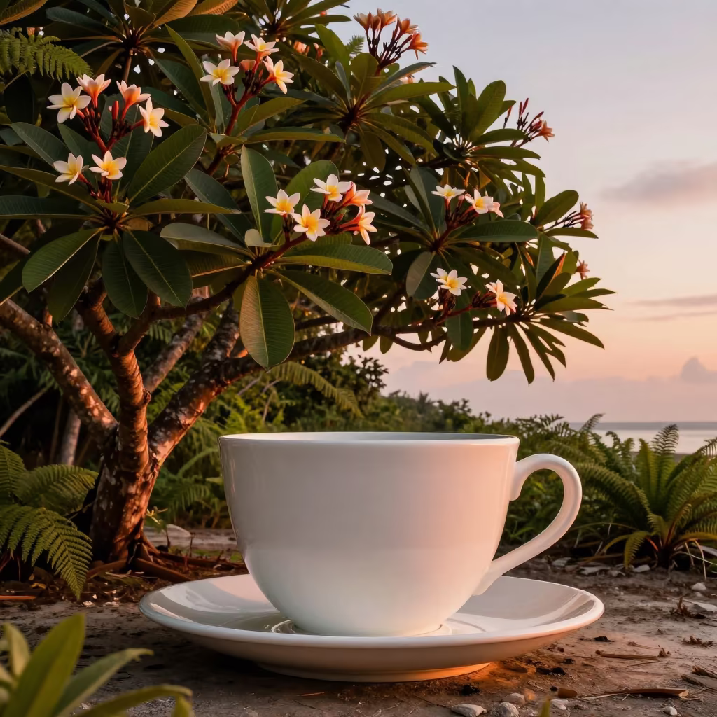 Teacup Pool in Frangipani Bloom in on a fern-lined forest floor in Maldives