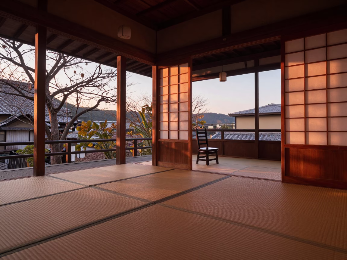 Teahouse Interior in Kyoto at Copper-toned Light Before Dusk in in Kyoto, Japan