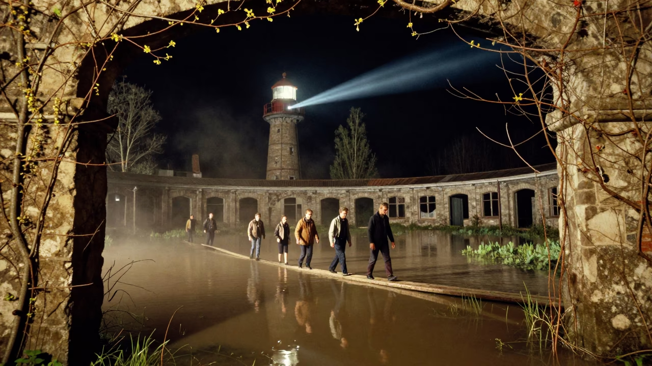 Team Crosses Flooded Engine Room at Night in through an abandoned ceremonial court near Odense
