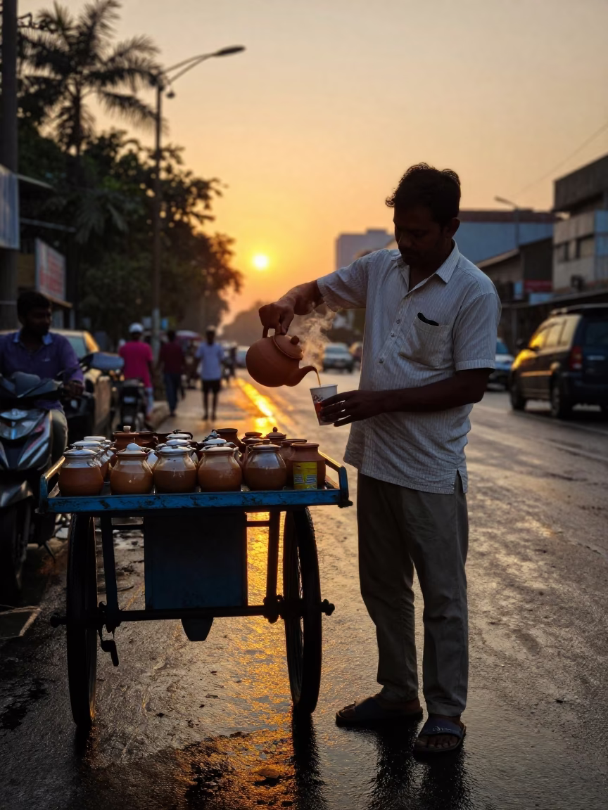 Teapot Chai in Mumbai at Sunset Light in in Mumbai, India