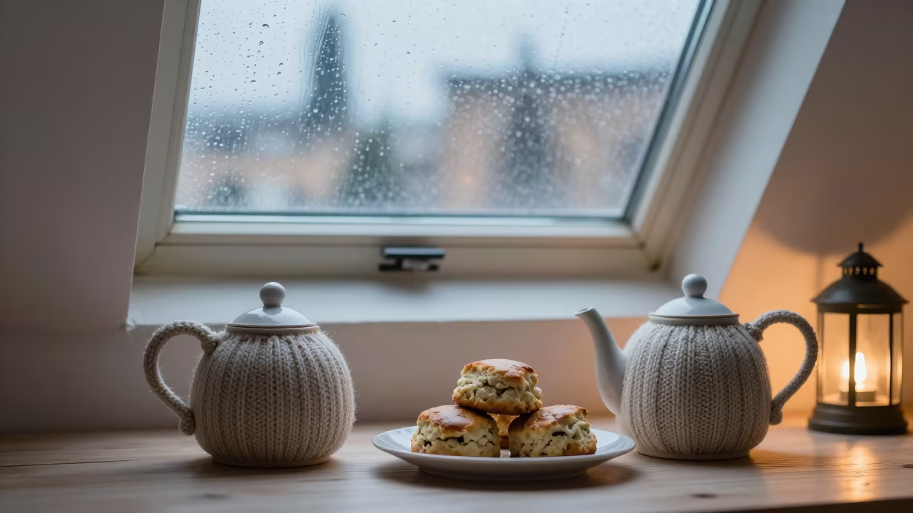 Teapot cozy and scones by rain window in beside a rain-streaked window near Ksar el-Kebir
