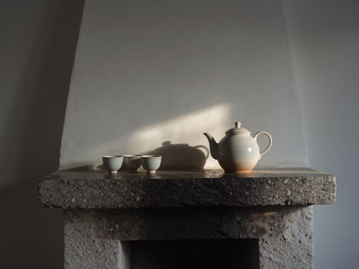 Teapot and Cups at Dawn by Ibarra Fireplace in by a crackling fireplace in Ibarra