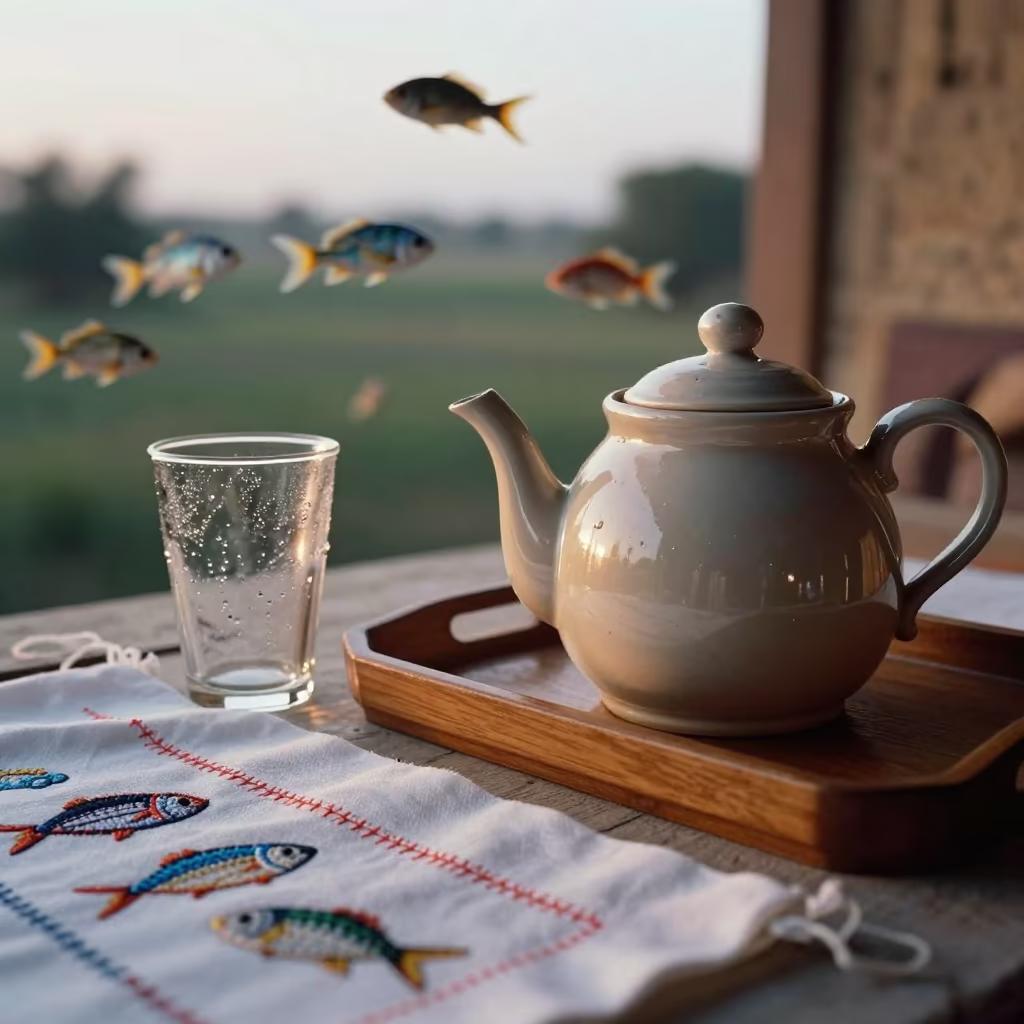 Teapot and Fish on Minya Porch at Sunset in on a porch with a rocking chair near Minya
