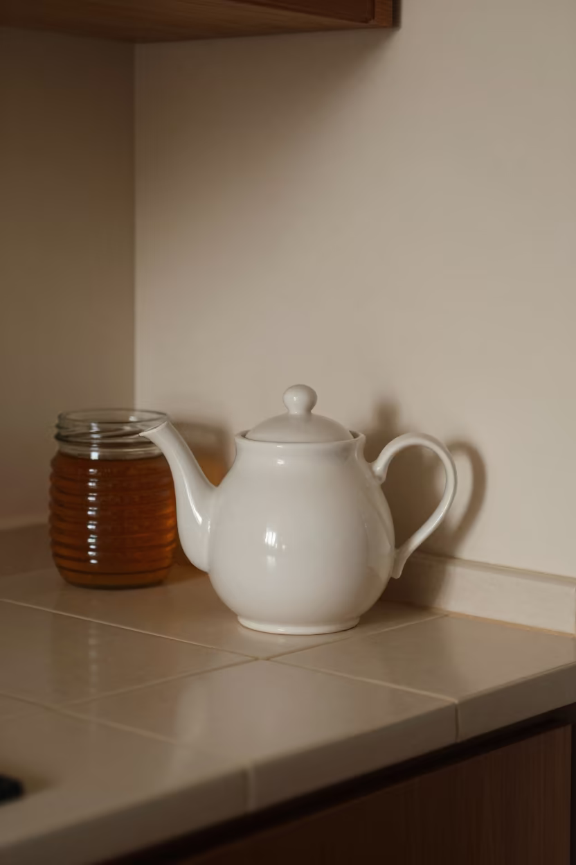 Teapot and Honey Jar on Tiled Nook in in a breakfast nook near Zagazig