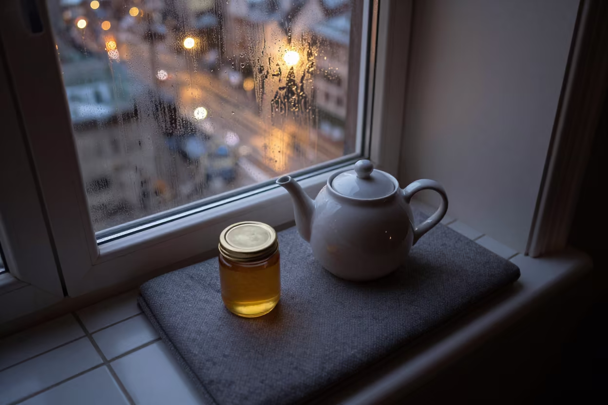 Teapot Honey Jar Winter Window Light in on a reading nook cushion in Portland