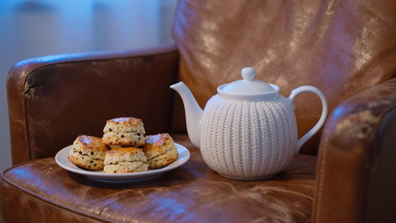 Teapot in Knitted Cozy on Leather Chair Okinawa in on a worn leather armchair near Okinawa