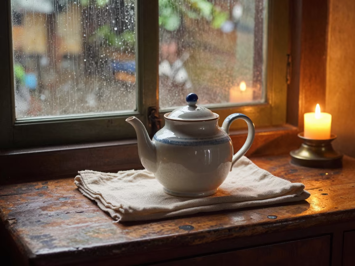Teapot on Linen Desk in Can Tho Golden Hour in on a writing desk in Can Tho
