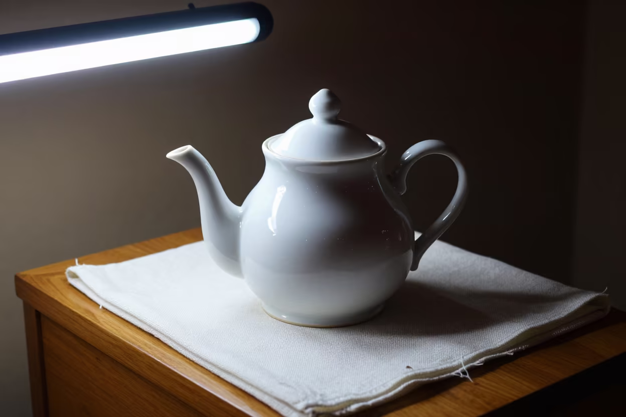 Teapot on Linen Table Under Fluorescent Light in on a hotel dresser in Al-Fashir