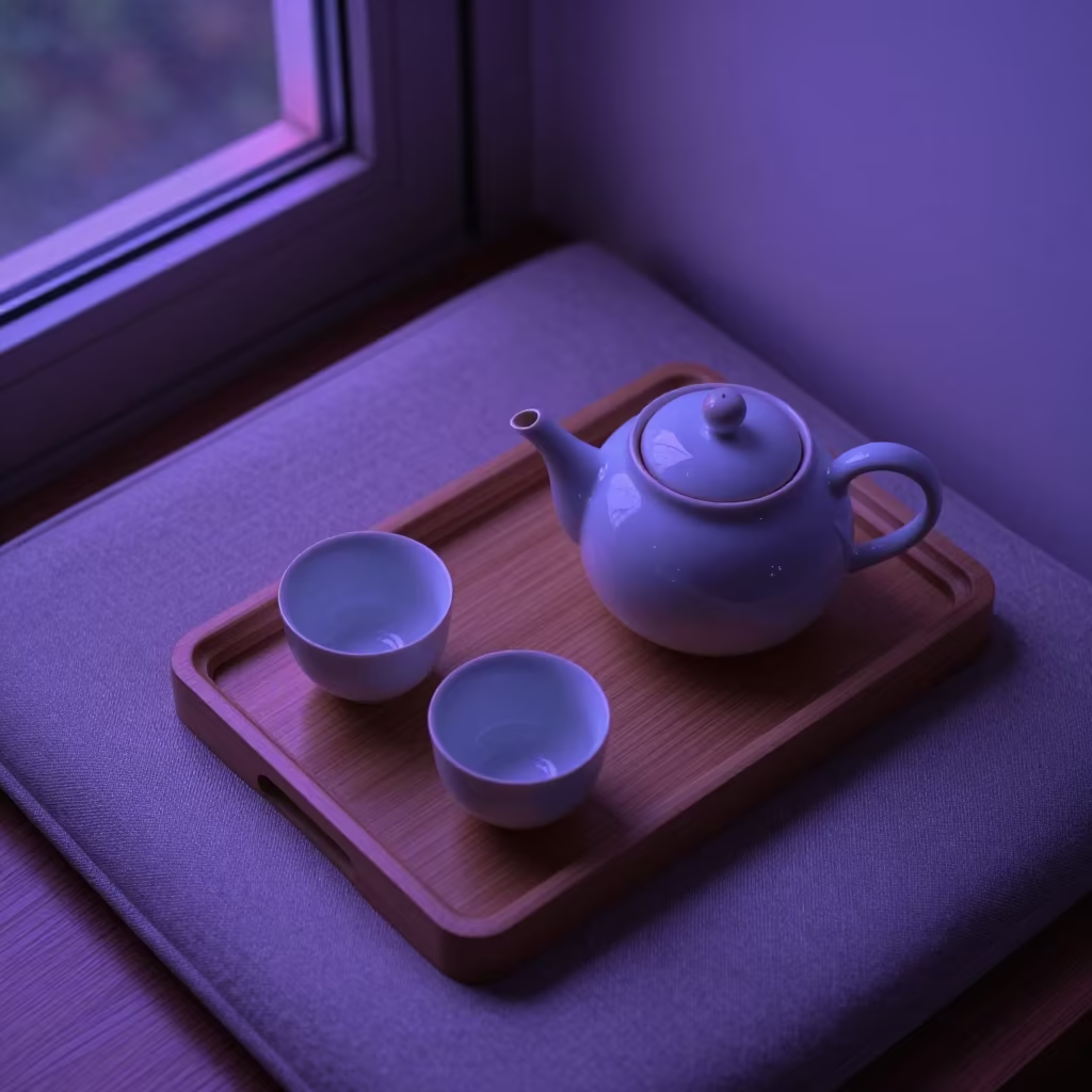 Teapot and Mismatched Cups on Tray in Gusau Window in on a reading nook cushion in Gusau