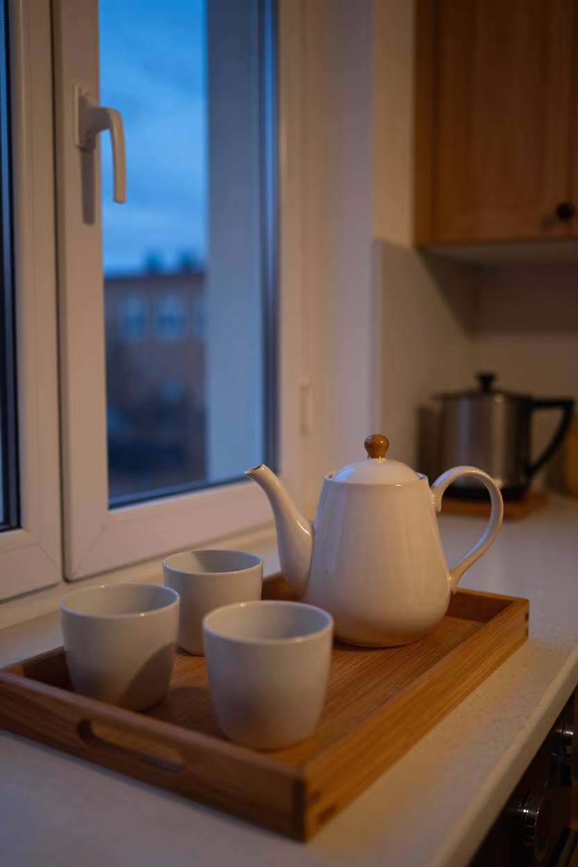 Teapot and Mismatched Cups on Tray in in a cozy kitchen in Patriarch Ponds, Moscow