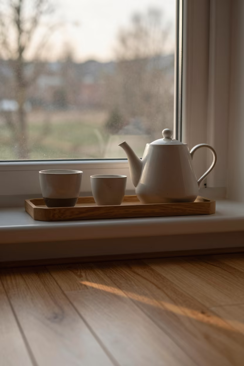 Teapot And Mismatched Cups On Window Seat in on a window seat in Boise