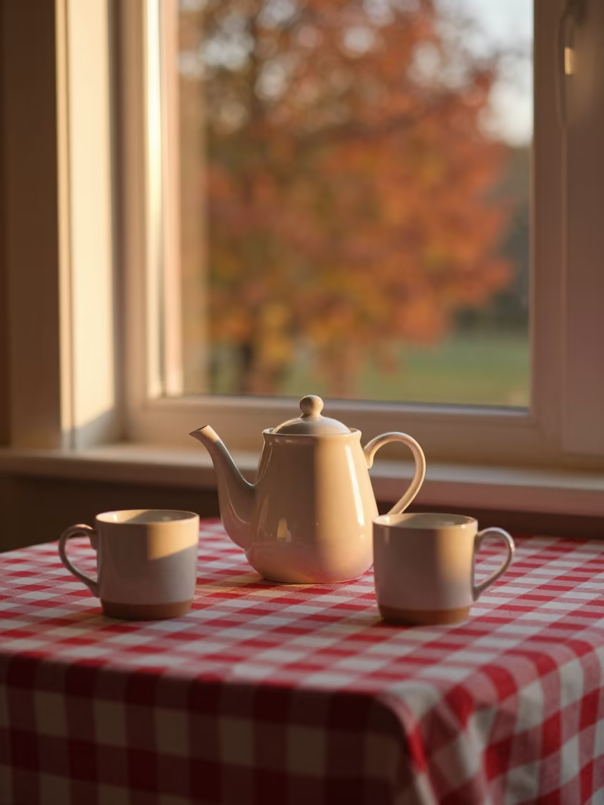 Teapot and Mismatched Mugs on Checkered Cloth in in a breakfast nook near Seeb