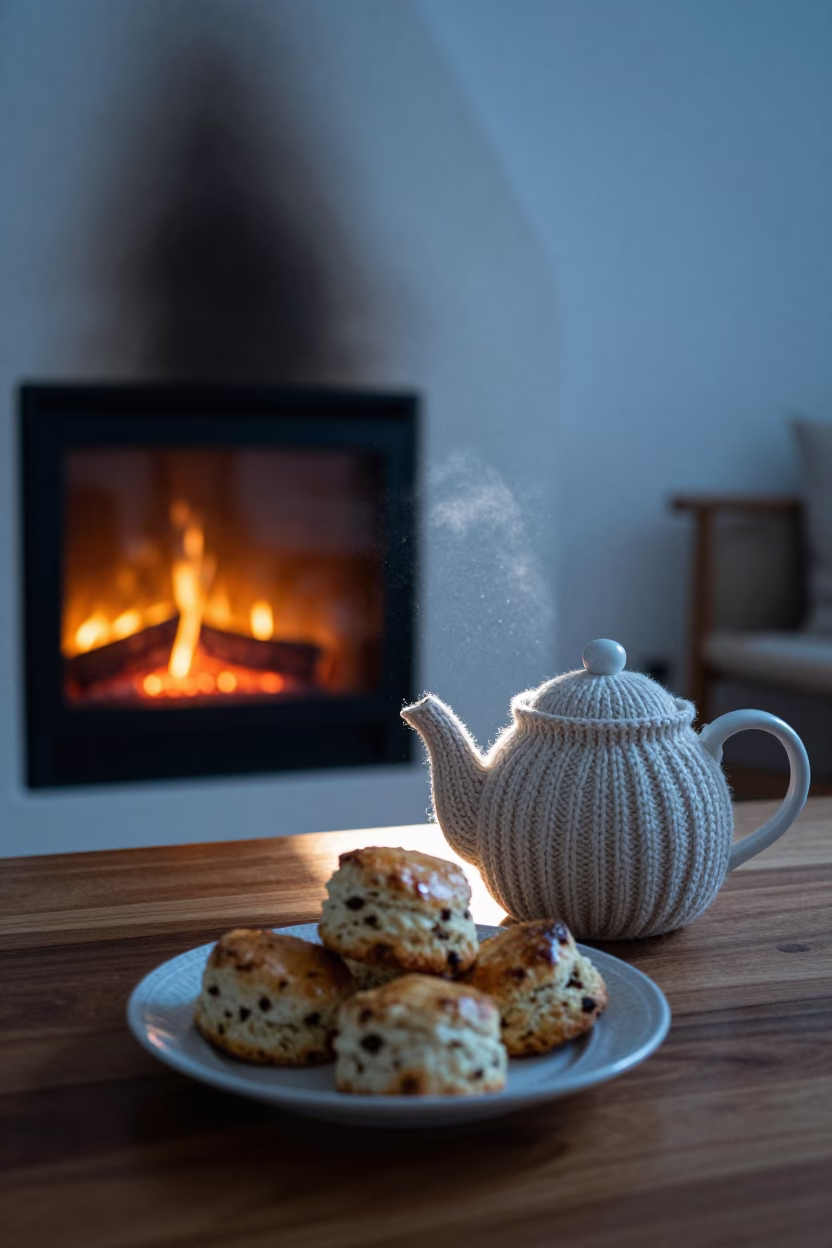Teapot and Scones by Jeddah Fireplace in by a crackling fireplace in Jeddah