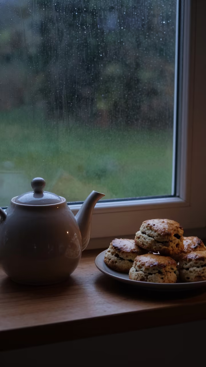 Teapot and Scones on Window Seat Near Praia in on a window seat near Praia