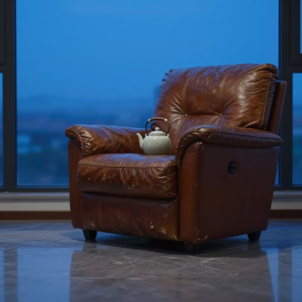 Teapots on Leather Armchair Nanjing Blue Hour in on a worn leather armchair in Nanjing