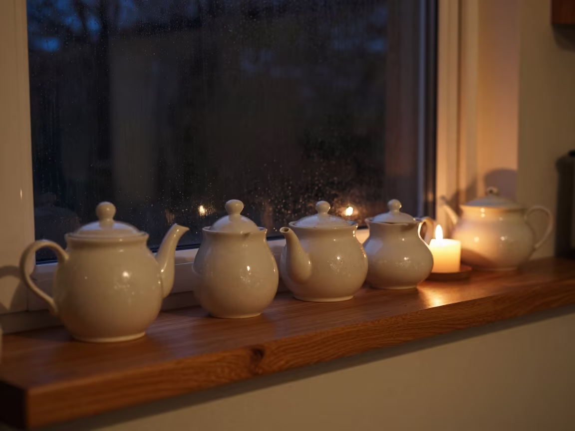 Teapots on Windowsill in Candlelight Rain in beside a rain-streaked window in Astana