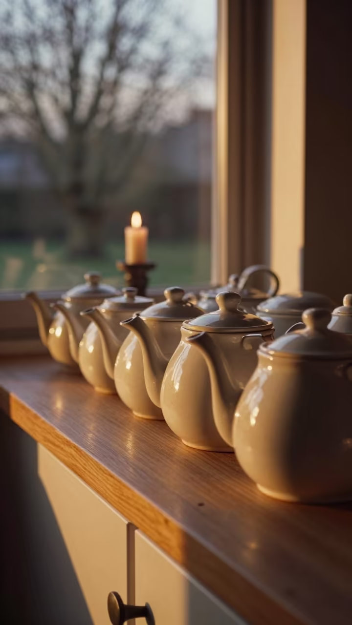 Teapots on Windowsill Golden Hour Galway Light in in a candlelit bedroom near Galway