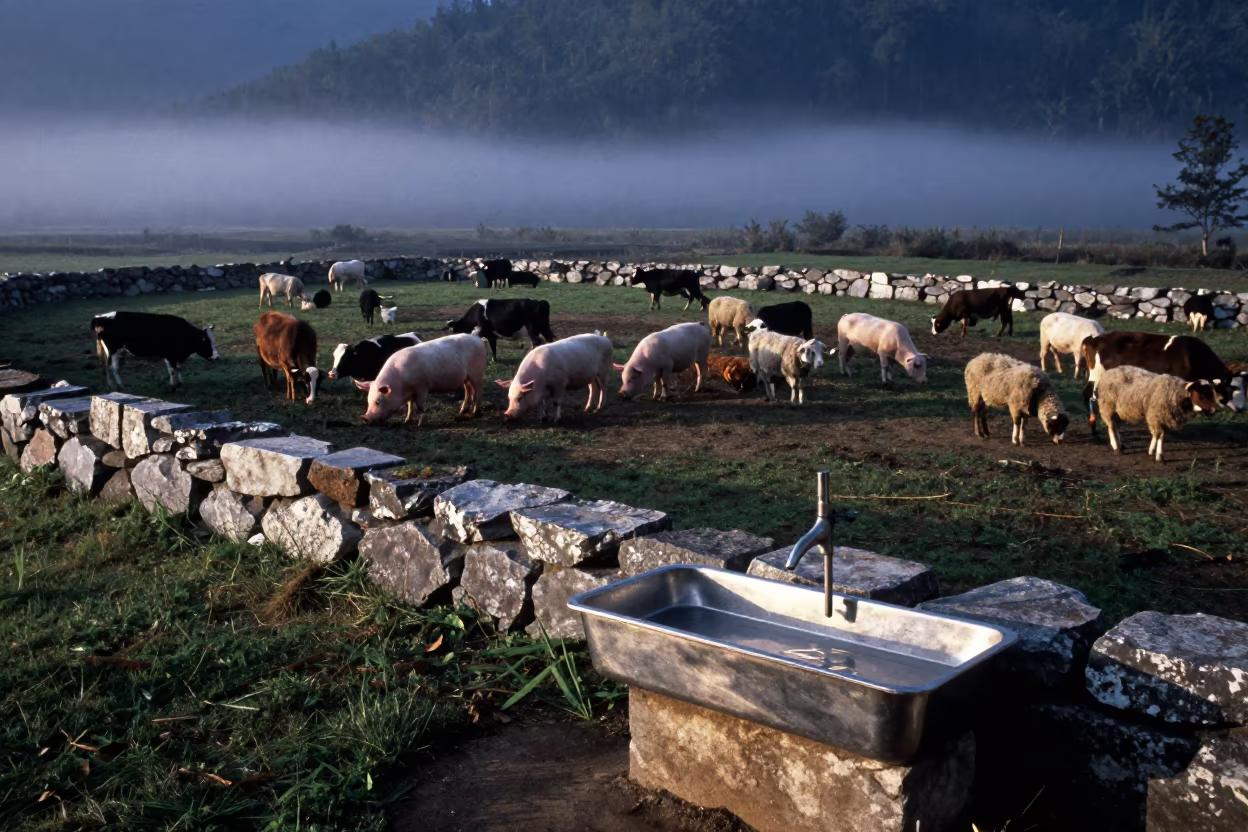 Teat Dip Funnel Tray in Bhutan Mist in near a windbreak and water trough in Bhutan