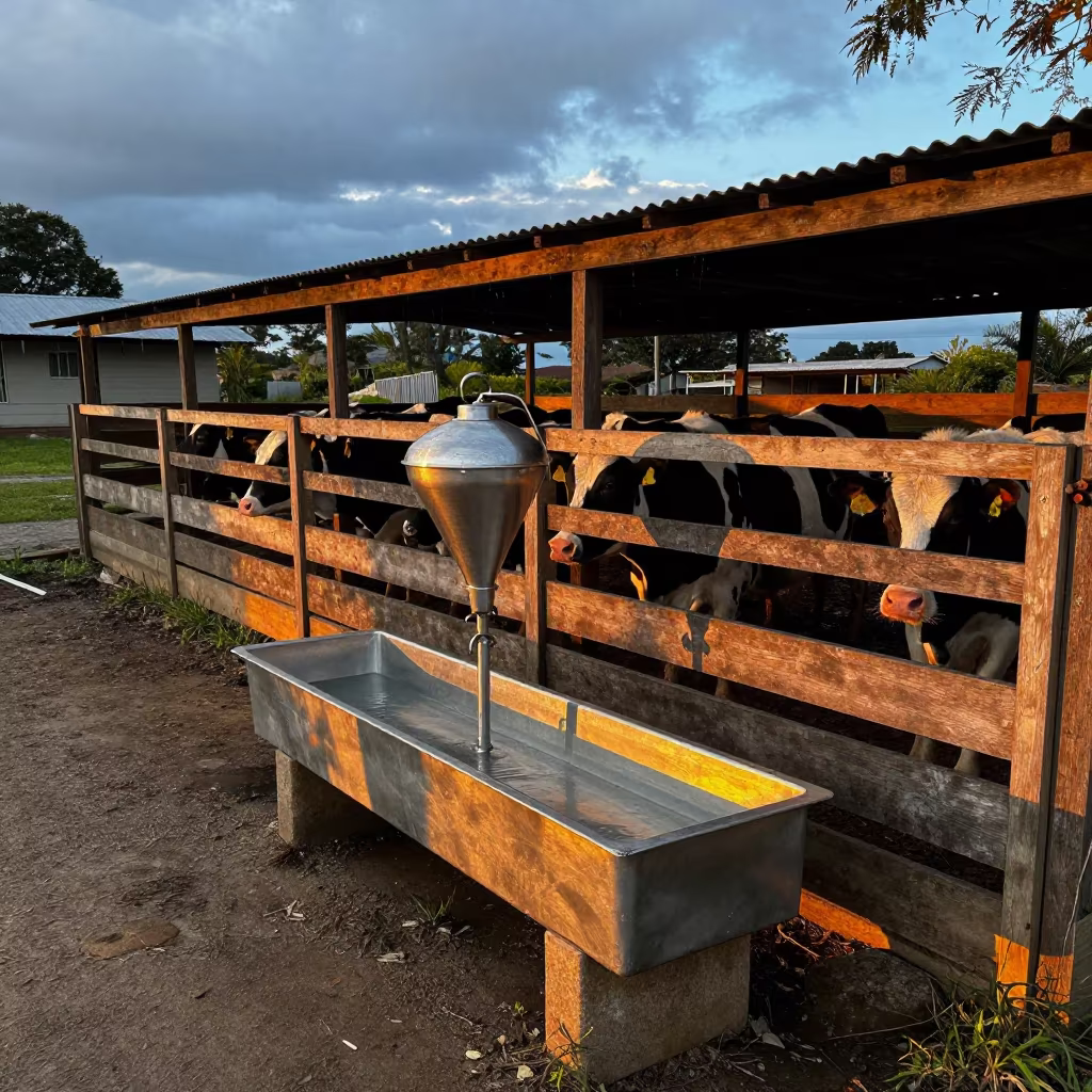 Teat Dip Funnel Tray in Guatemalan Evening Light in near a windbreak and water trough in Guatemala