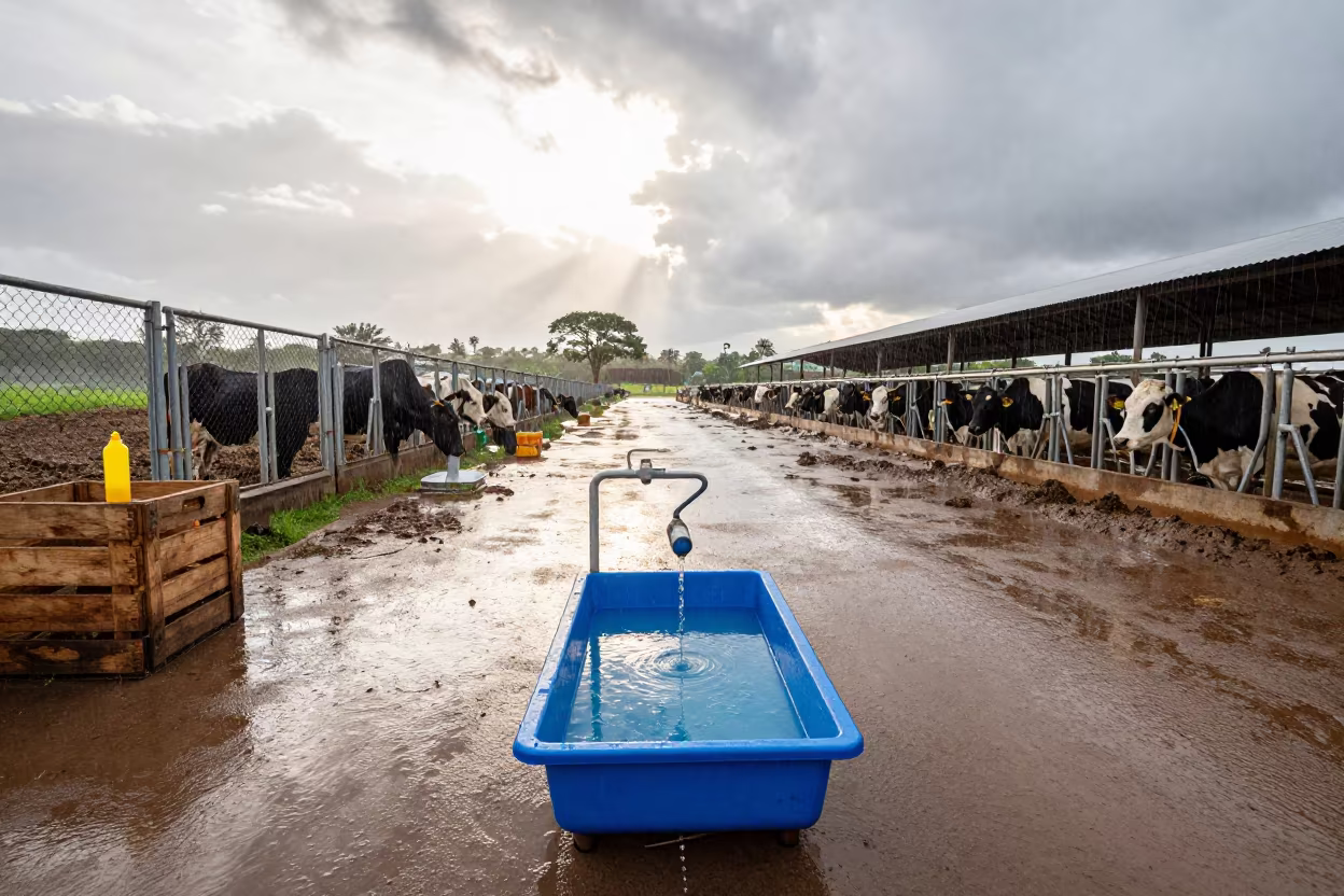 Teat Dip Tray in Mozambique Wet Season Rain in along a feedlot lane in Mozambique