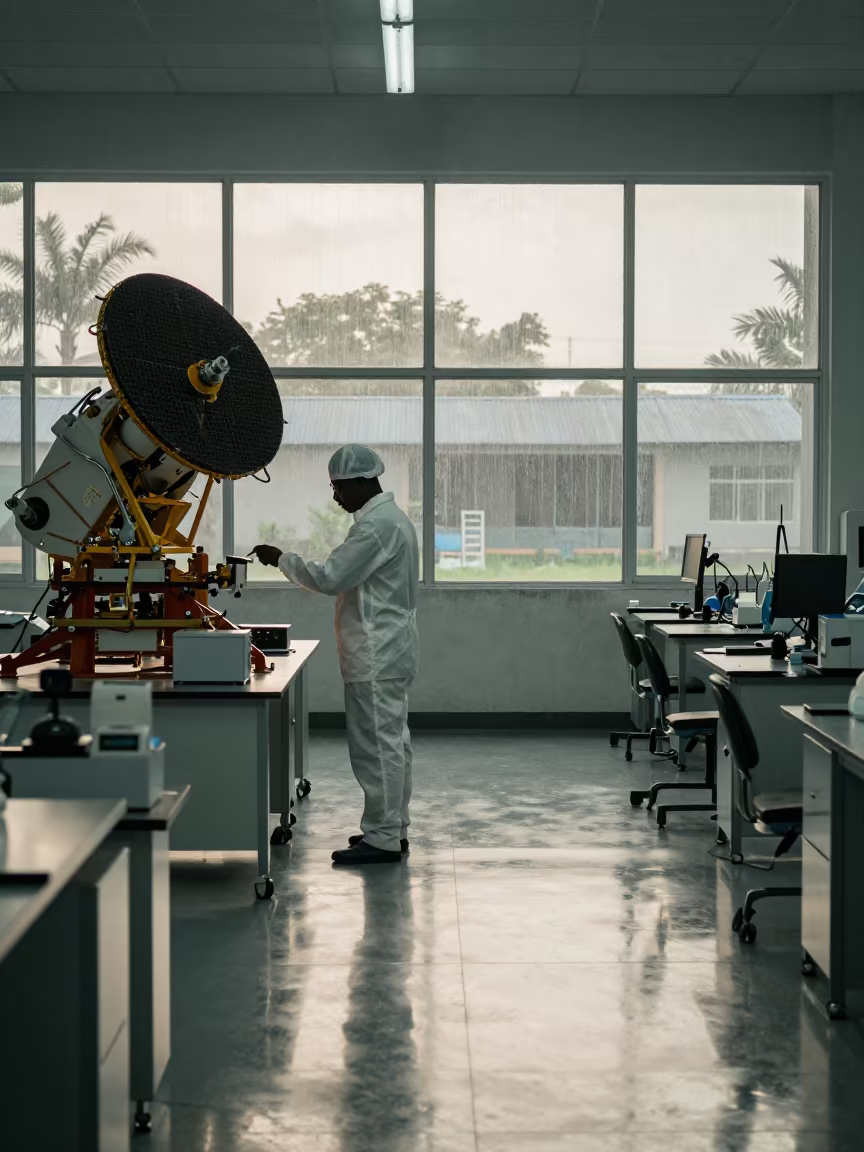 Technician Beside Satellite Rig in Ouidah Lab in inside a university research lab near Ouidah