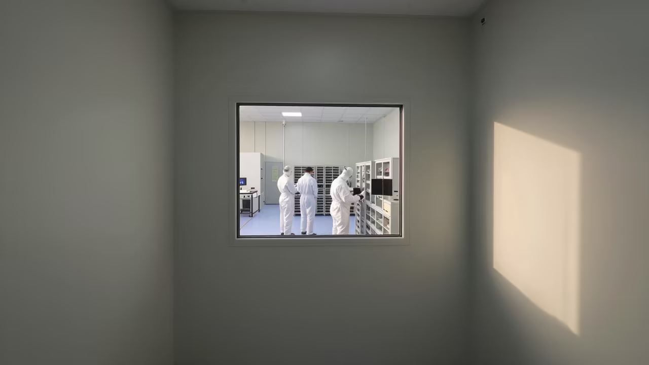 Technicians in White Coveralls Through Archive Window in in a specimen archive room in Idanre