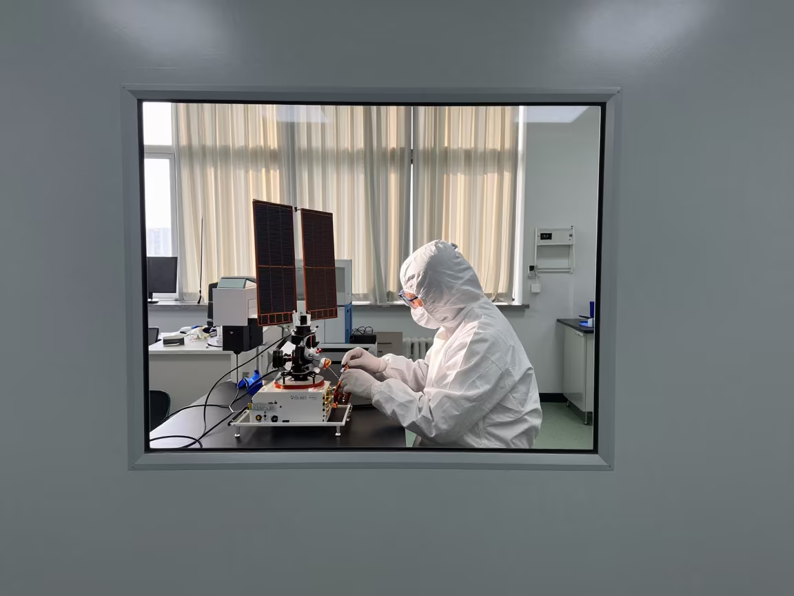 Technicians in White Coveralls Viewed Through Clean Room Window in in a bright laboratory in Kota