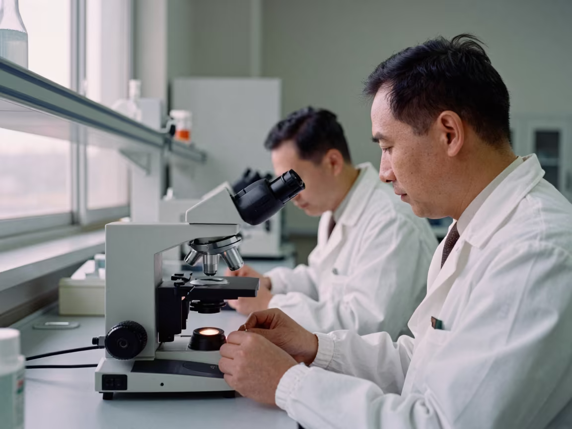 Technicians in White Coveralls at Pecs Microscopy Bench in at a microscopy bench near Pecs