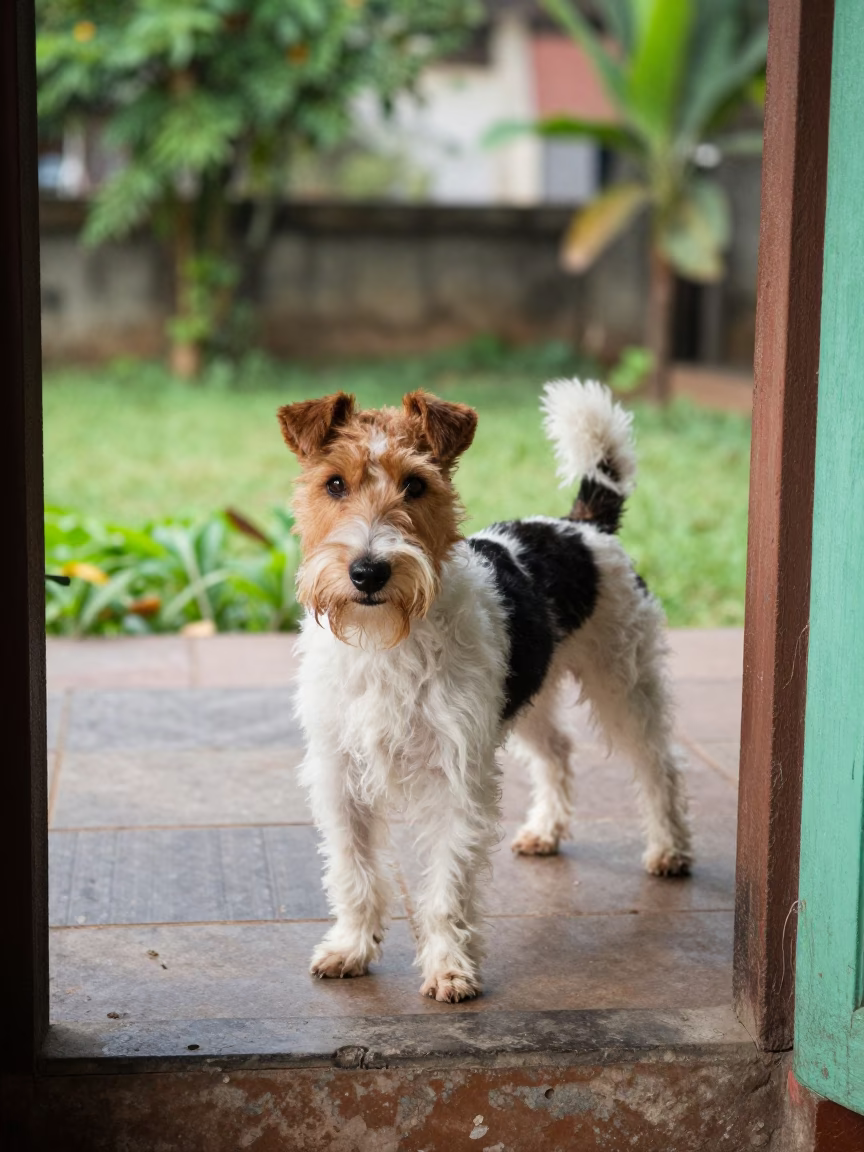 Teddy Roosevelt Terrier on Kolkata Porch Morning Light in near a garden edge with soft morning light and an uncluttered background in Kolkata