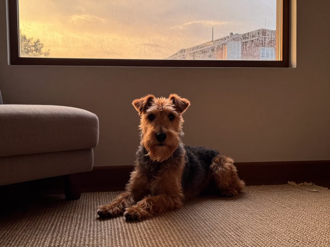 Teddy Roosevelt Terrier on Rug in Bogota Home in on a woven rug beside a low couch and an uncluttered wall near La Candelaria, Bogota