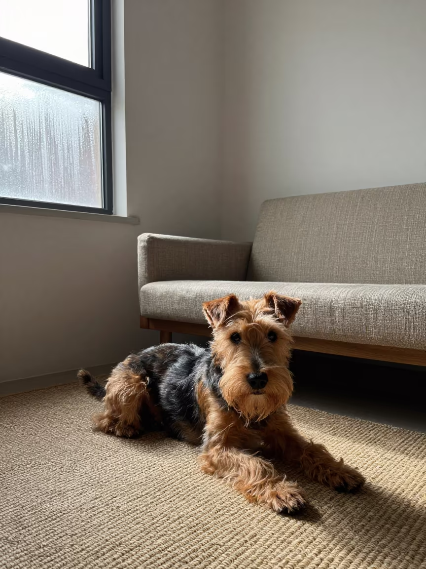 Teddy Roosevelt Terrier on Woven Rug in Dawei Home in on a woven rug beside a low couch and an uncluttered wall in Dawei