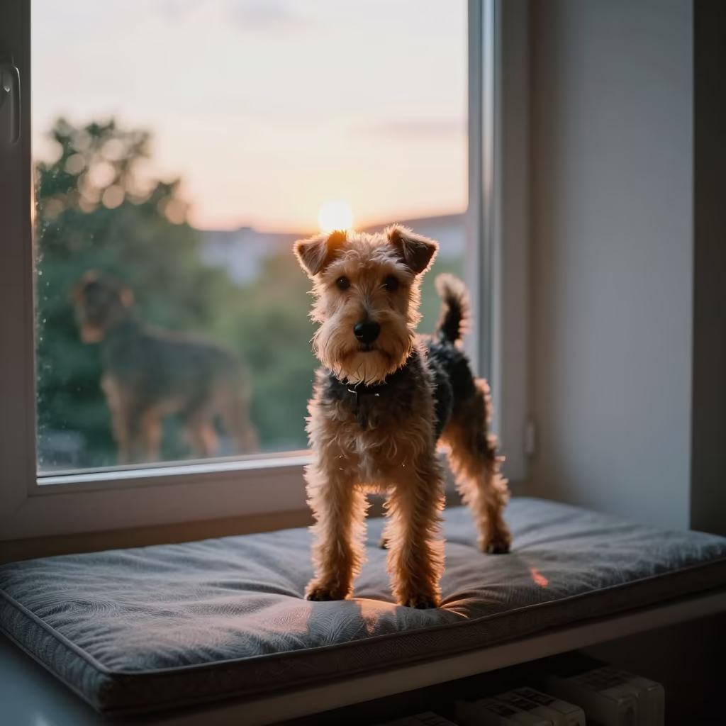 Teddy Roosevelt Terrier Portrait Golden Hour in on a cushioned window seat with soft side light and an uncluttered background in Moabit, Berlin