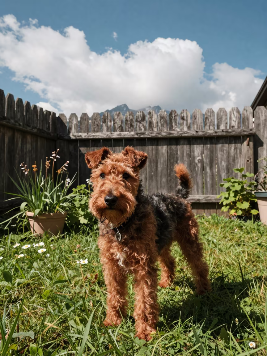 Teddy Roosevelt Terrier Portrait in Innsbruck Garden in near a garden edge with soft morning light and an uncluttered background in Innsbruck