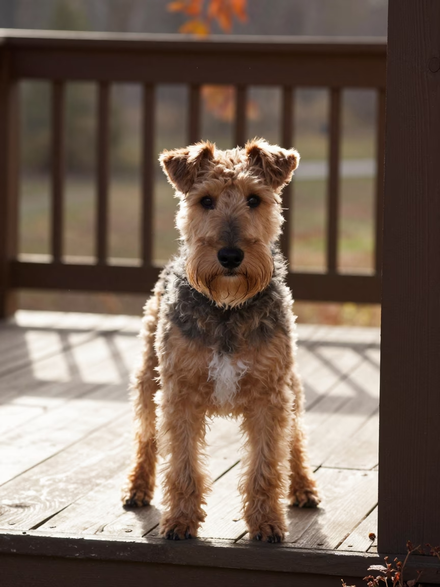 Teddy Roosevelt Terrier Portrait on Hefei Porch in on a shaded front porch with boards, railings, and eye-level framing near Hefei