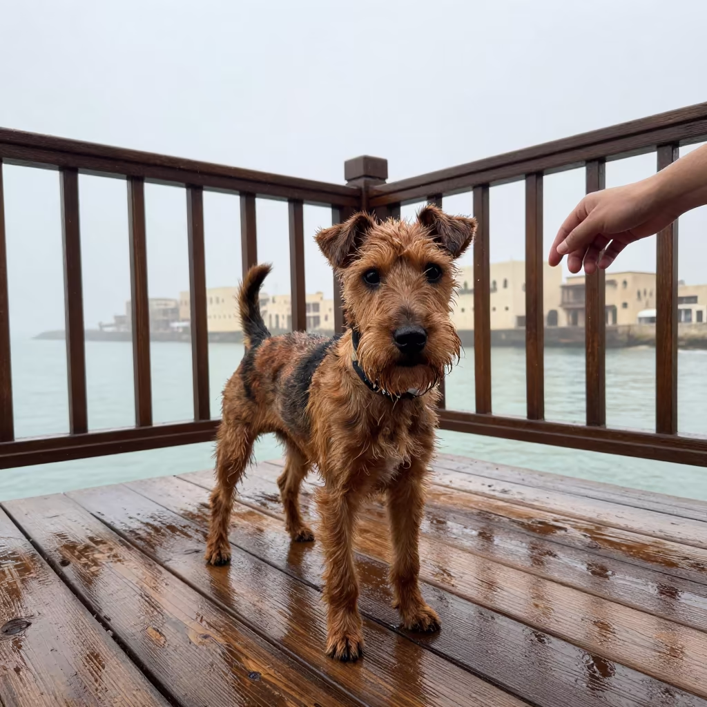 Teddy Roosevelt Terrier Portrait on Jeddah Porch in on a shaded front porch with boards, railings, and eye-level framing in Jeddah