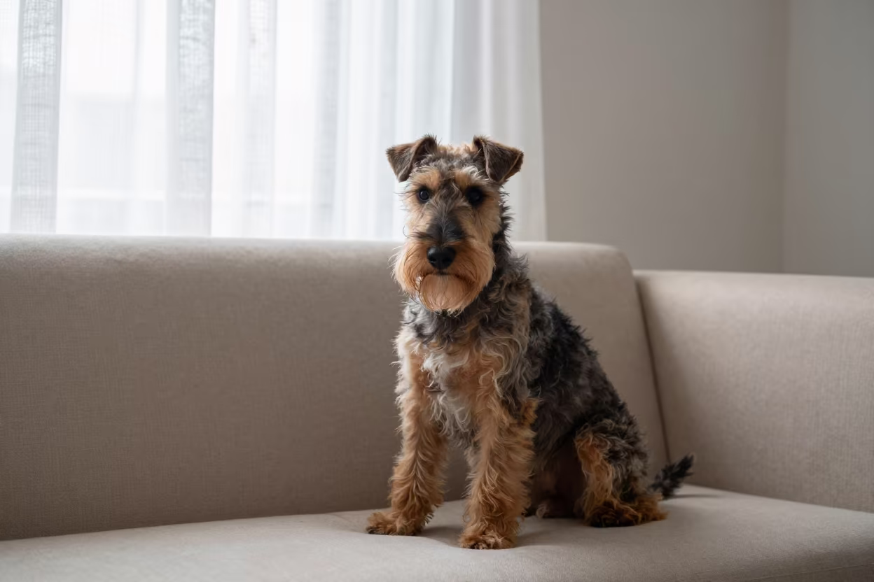 Teddy Roosevelt Terrier Portrait on Sofa Near Curtains in on a sofa near a curtained window with calm indoor light in Adana