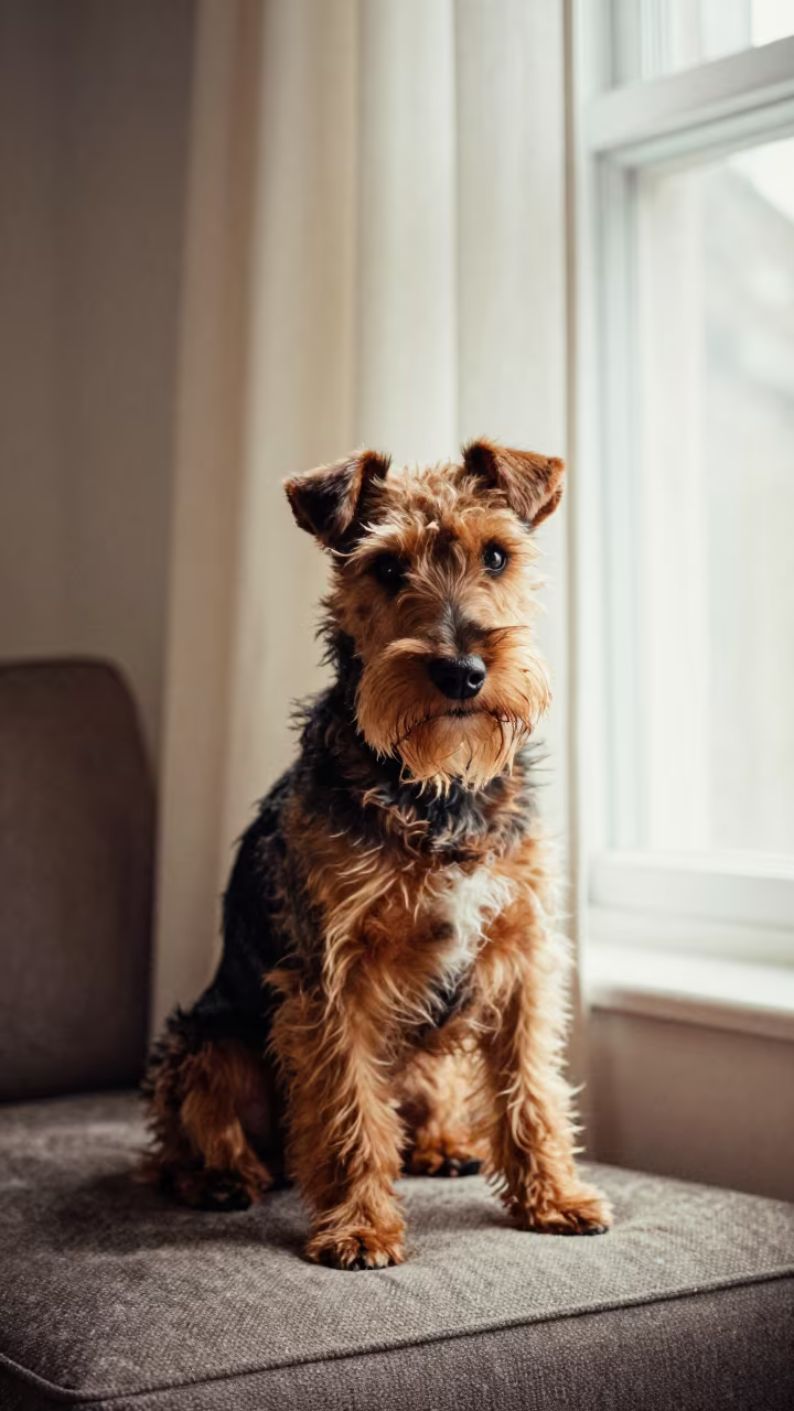 Teddy Roosevelt Terrier Portrait on Sofa Near Window in on a sofa near a curtained window with calm indoor light in Villahermosa