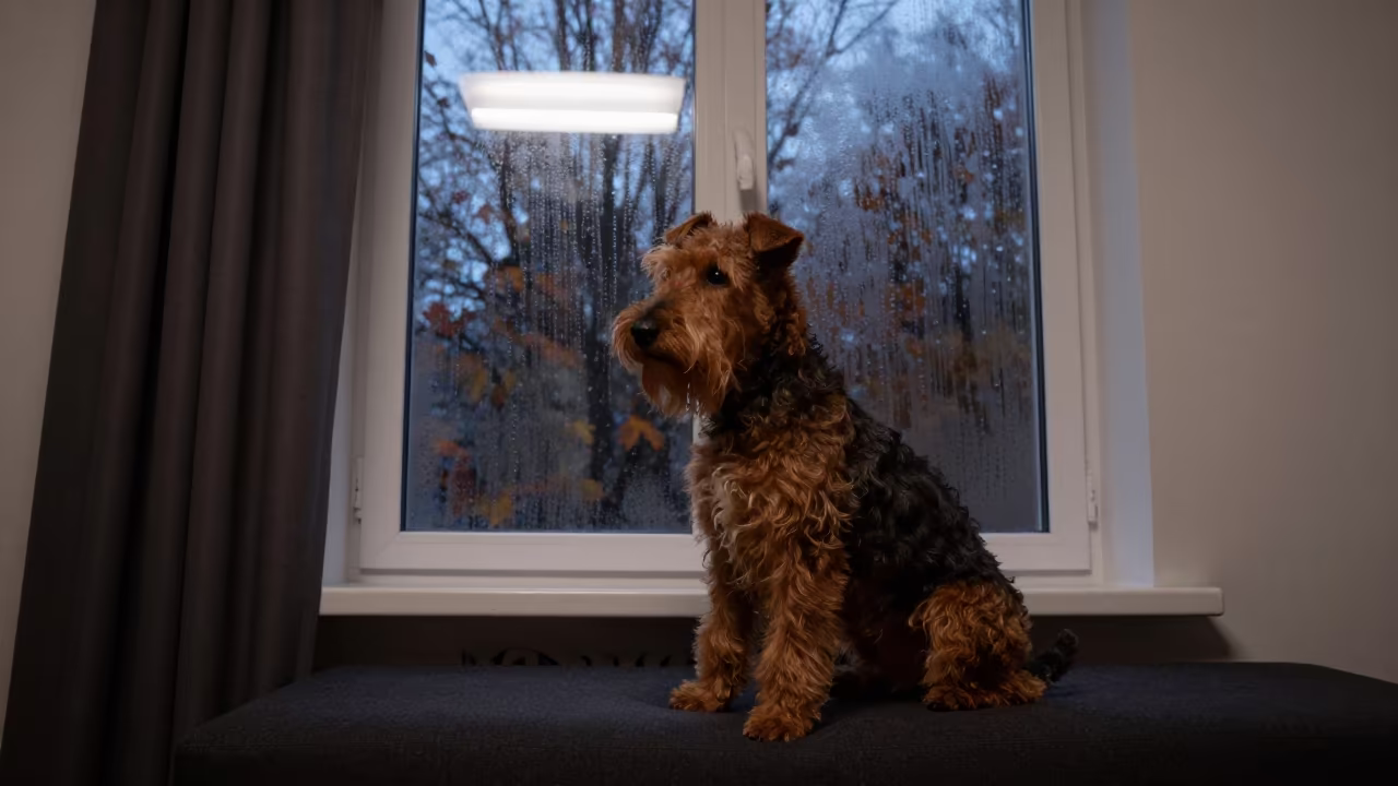 Teddy Roosevelt Terrier Portrait on Sofa in on a sofa near a curtained window with calm indoor light near Wroclaw