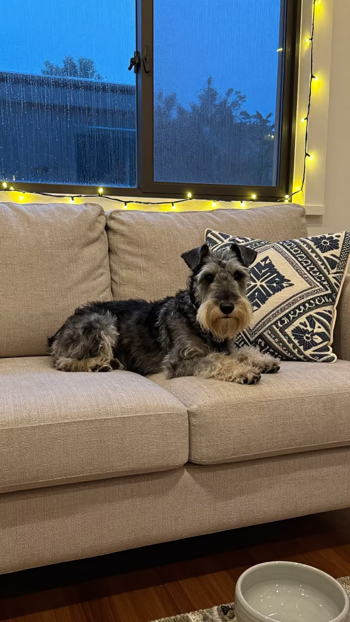 Teddy Roosevelt Terrier Resting on Linen Sofa in on a linen sofa with daylight from a nearby window in Guangzhou