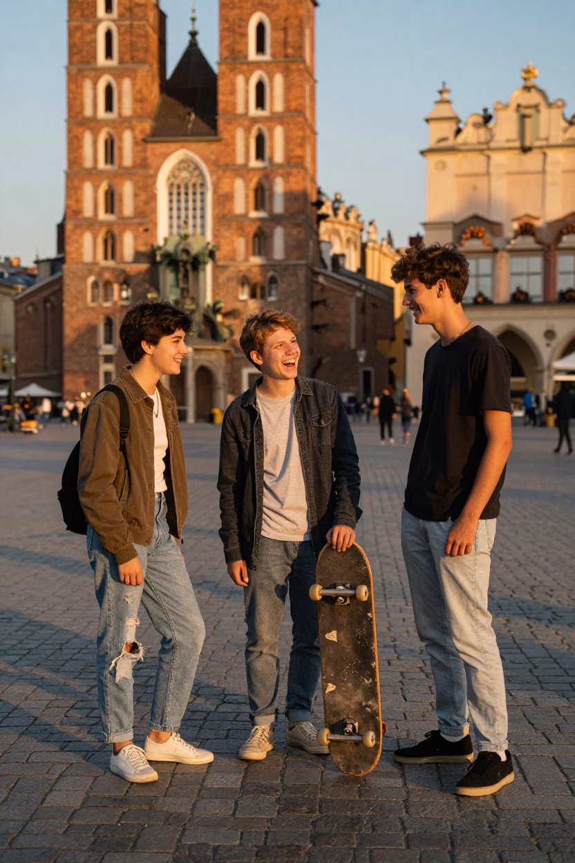 Teenagers Laughing in Krakow at Honeyed Evening Light in in Krakow, Poland