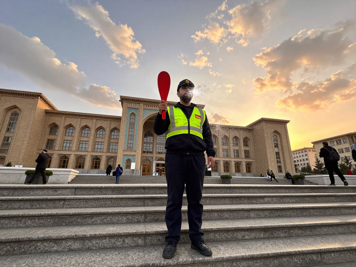 Tehran Crossing Guard Sleet City Hall Steps in on the steps of city hall in Tajrish, Tehran