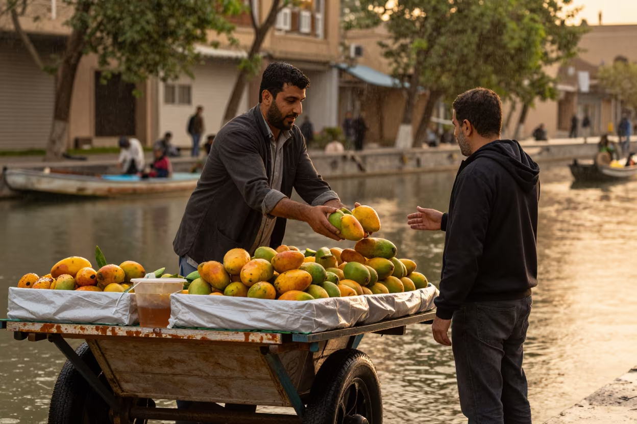 Tehran Fruit Vendor Passing Mangoes in Evening Rain in at a roadside fruit stand in Tehran