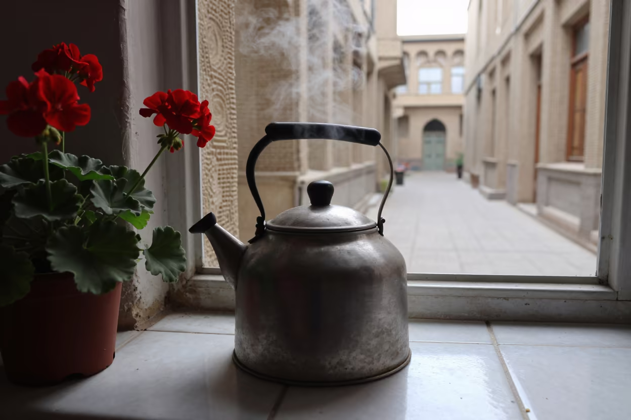 Tehran Kettle Steam Geraniums Noon Window Seat in on a window seat in Tehran